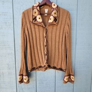 y2k J. Jill Handknit Silk Cotton Floral Embroidered 3D Cardigan sz XS/S Brown